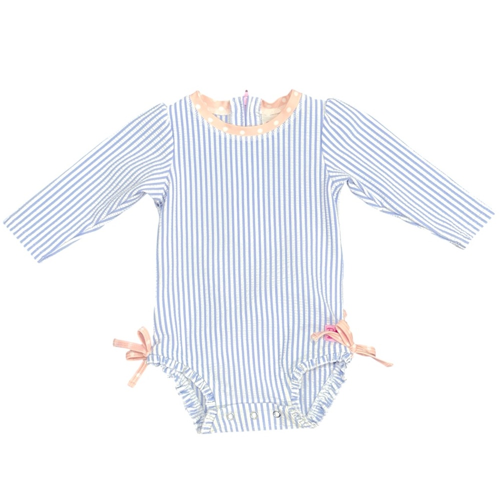 Ruffle Butts Seersucker Longsleeve Swimsuit Baby Girl Pink Dots and Blue Stripe